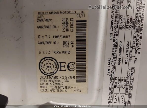 5N1AT3AA8MC715399 2021 NISSAN ROGUE White Vista del compartimento del motor