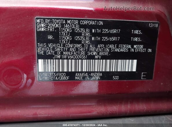 JTMF1RFV6KD009361 2019 TOYOTA LE Red Engine compartment view