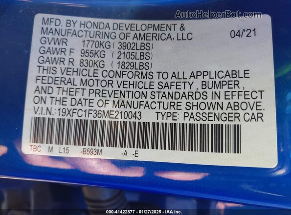19XFC1F36ME210043 2021 HONDA CIVIC Синий Вид подкапотного пространства