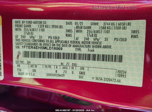 1FTER4EH5MLD18069 2021 FORD RANG Red Շարժիչի բաժամունքի տեսք
