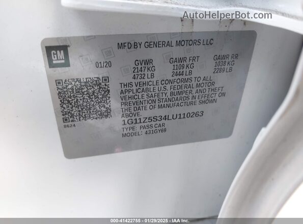 1G11Z5S34LU110263 2020 CHEVROLET IMPALA White 