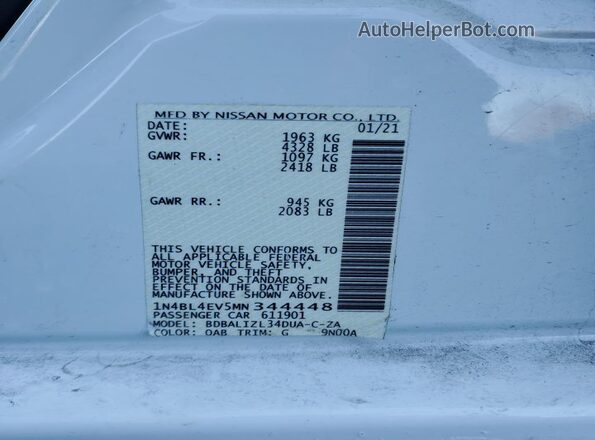 1N4BL4EV5MN344448 2021 NISSAN ALTIMA White Vista de la etiqueta del VIN