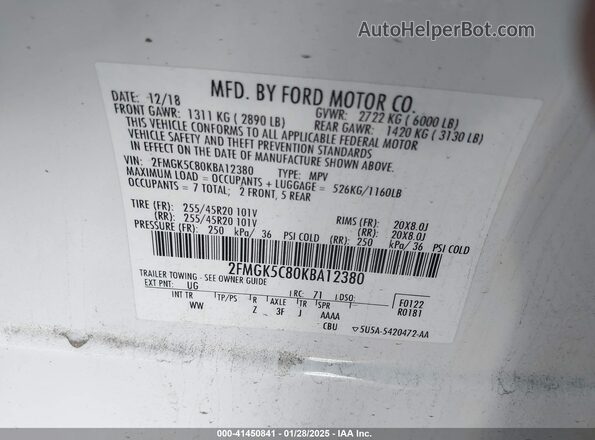2FMGK5C80KBA12380 2019 FORD FLEX White Vista de la etiqueta del VIN