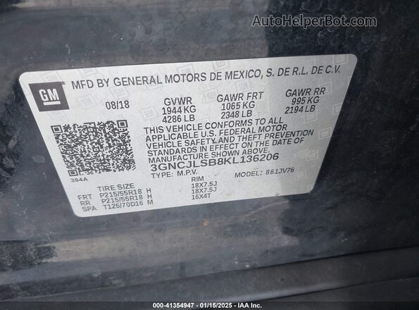 3GNCJLSB8KL136206 2019 CHEVROLET TRAX Black Շարժիչի բաժամունքի տեսք