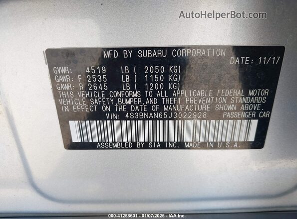4S3BNAN65J3022928 2018 SUBARU LEGACY Silver Engine compartment view