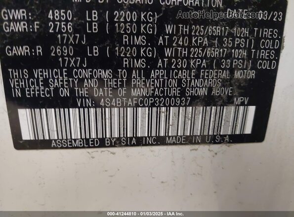 4S4BTAFC0P3200937 2023 SUBARU OUTBACK Белый Вид подкапотного пространства