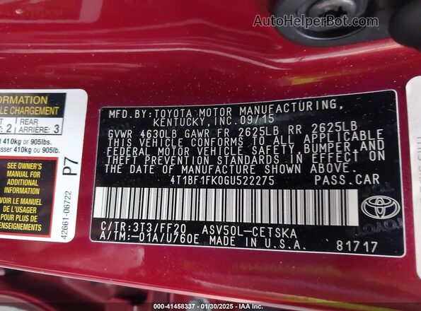 4T1BF1FK0GU522275 2016 TOYOTA CAMRY Red 
