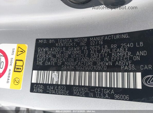 58ABK1GG2GU010970 2016 LEXUS ES Silver Widok komory silnika