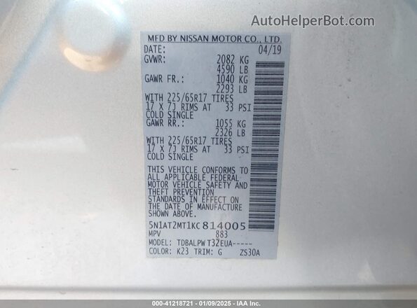 5N1AT2MT1KC814005 2019 NISSAN ROGUE Silver Շարժիչի բաժամունքի տեսք
