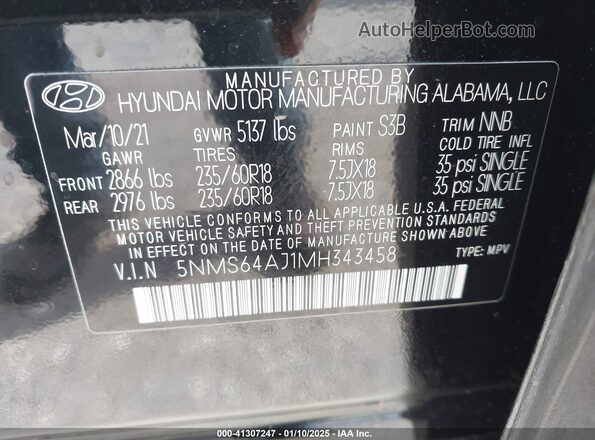5NMS64AJ1MH343458 2021 HYUNDAI SANTA FE Черный Вид подкапотного пространства