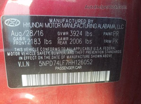 5NPD74LF7HH126052 2017 HYUNDAI ELANTRA Red Vista de los asientos traseros