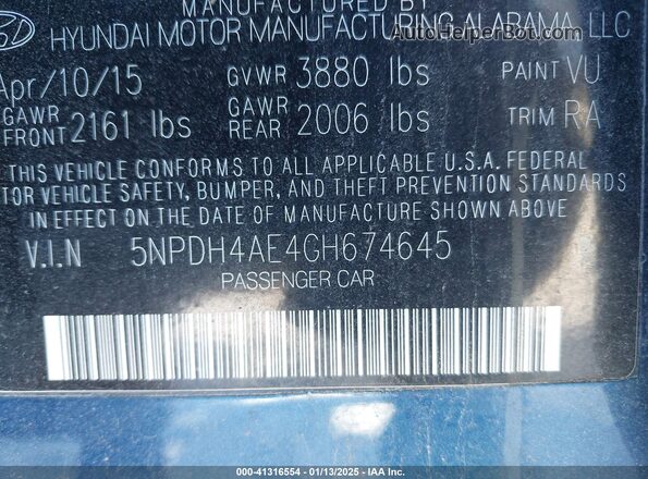 5NPDH4AE4GH674645 2016 HYUNDAI ELANTRA Blue Вид підкапотного простору
