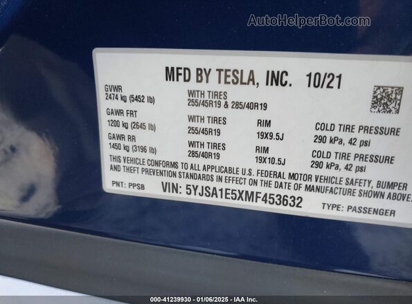 5YJSA1E5XMF453632 2021 TESLA MODEL S Синий Вид подкапотного пространства