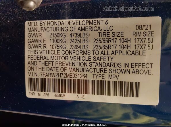 7FARW2H72ME031264 2021 HONDA CR-V Синий Вид подкапотного пространства