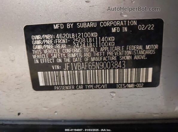 JF1VBAF65N9003843 2022 SUBARU WRX Silver Vista del compartimento del motor
