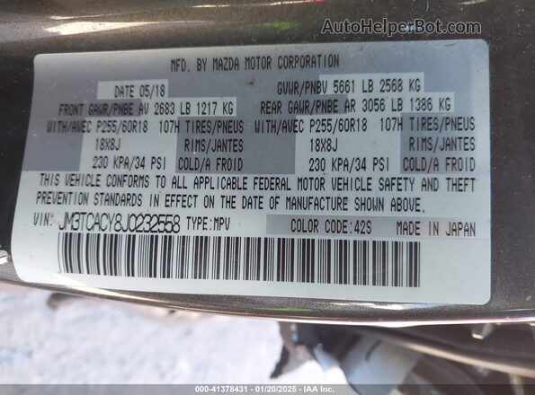 JM3TCACY8J0232558 2018 MAZDA CX-9 Серый 