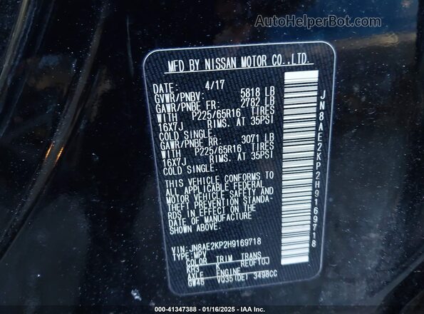 JN8AE2KP2H9169718 2017 NISSAN QUEST Black Vista del compartimento del motor