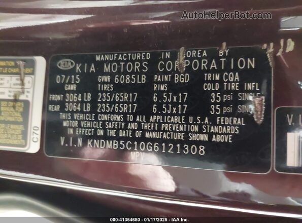 KNDMB5C10G6121308 2016 KIA SEDONA Burgundy Вид підкапотного простору