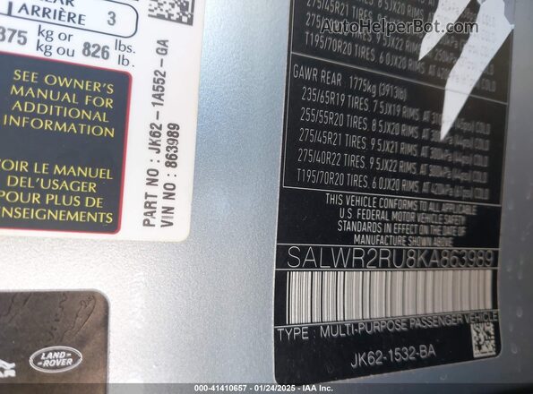 SALWR2RU8KA863989 2019 LAND ROVER RANGE ROVER SPORT Silver Вид підкапотного простору