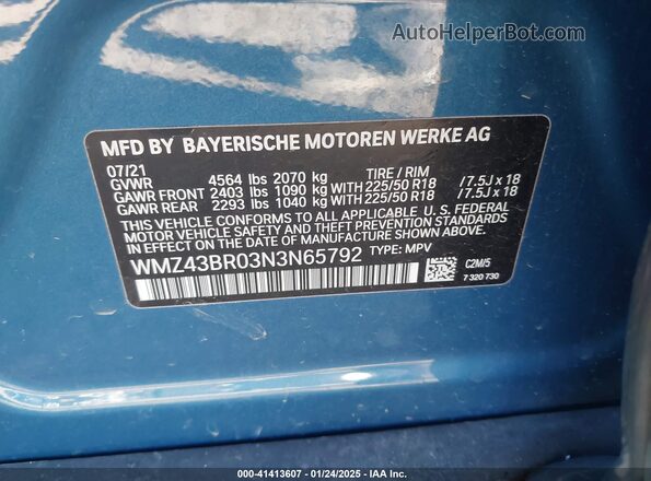 WMZ43BR03N3N65792 2022 MINI COUNTRYMAN Blue Vista del compartimento del motor