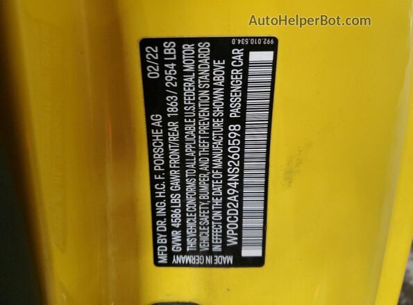 WP0CD2A94NS260598 2022 PORSCHE 911 Yellow Vista interior de 360 grados