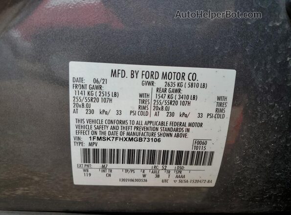1FMSK7FHXMGB73106 2021 FORD FORD EXPLORER Gray Widok naklejki z numerem VIN