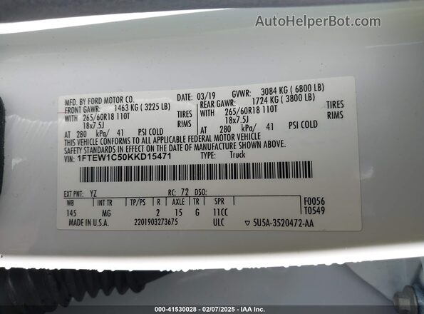 1FTEW1C50KKD15471 2019 FORD F150 White Շարժիչի բաժամունքի տեսք
