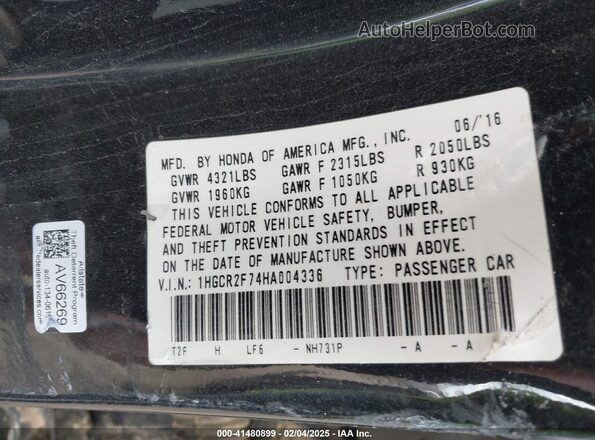 1HGCR2F74HA004336 2017 HONDA ACCORD Черный Вид подкапотного пространства