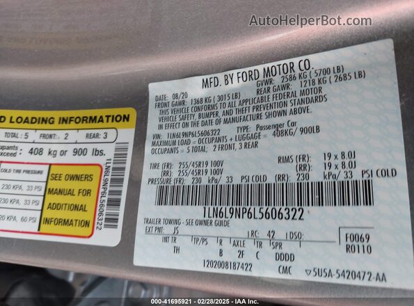 1LN6L9NP6L5606322 2020 LINCOLN CONTINENTA Silver Widok komory silnika