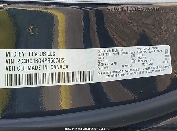 2C4RC1BG4PR607422 2023 CHRYSLER PACIFICA Black VIN կոդի պիտակի տեսք