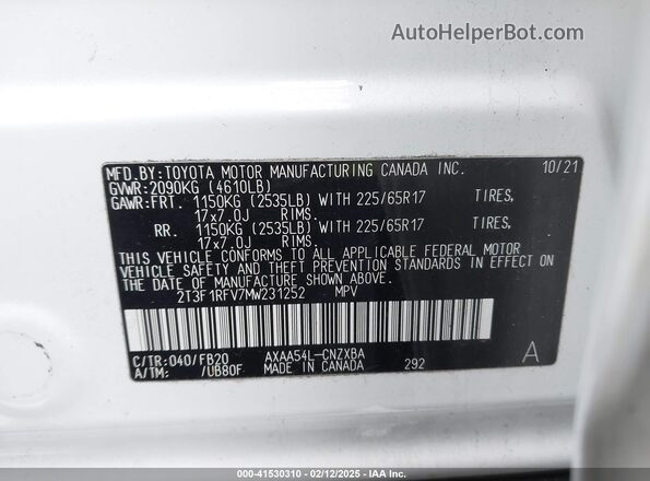 2T3F1RFV7MW231252 2021 TOYOTA LE Белый Вид подкапотного пространства