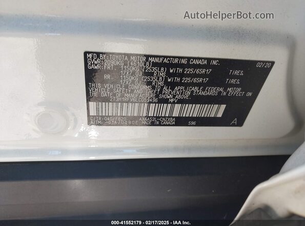2T3H1RFV6LC059496 2020 TOYOTA LE White Շարժիչի բաժամունքի տեսք