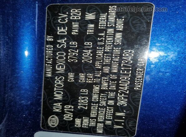3KPF24AD9LE173489 2020 KIA FORTE Blue VIN კოდის სტიკერის ხედი