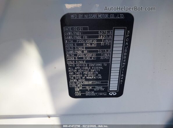 3PCAJ5BB4MF118461 2021 INFINITI QX50 Белый Вид подкапотного пространства