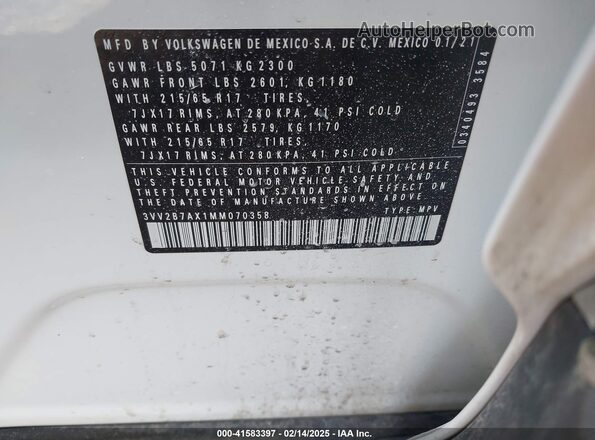 3VV2B7AX1MM070358 2021 VOLKSWAGEN TIGUAN White Вид підкапотного простору