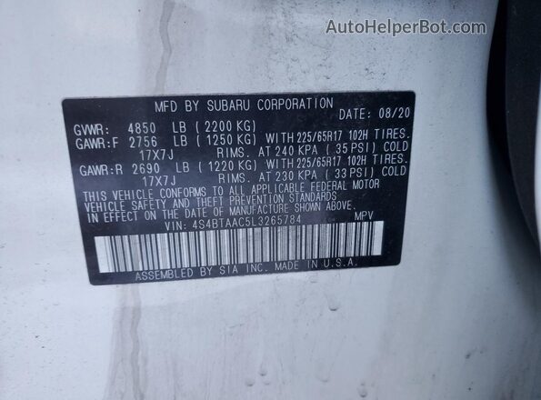 4S4BTAAC5L3265784 2020 SUBARU OUTBACK Белый Панорамный вид салона 360°