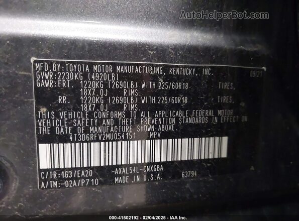 4T3D6RFV2MU054151 2021 TOYOTA LIMITED Gray Вид підкапотного простору