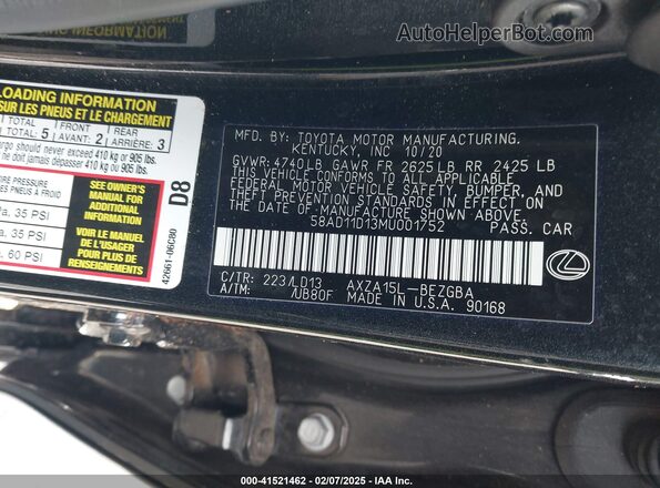 58AD11D13MU001752 2021 LEXUS ES 250 Black Vista del compartimento del motor