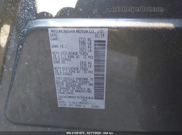 5N1DR2MM4KC636644 2019 NISSAN PATHFINDER Gray Vista del compartimento del motor