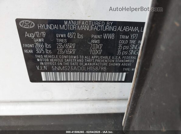 5NMS23AD0LH158798 2020 HYUNDAI SANTA FE White ძრავის განყოფილების ხედი