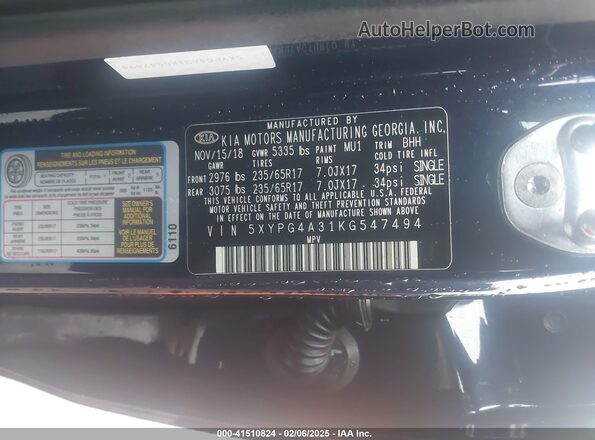 5XYPG4A31KG547494 2019 KIA SORENTO Blue Շարժիչի բաժամունքի տեսք