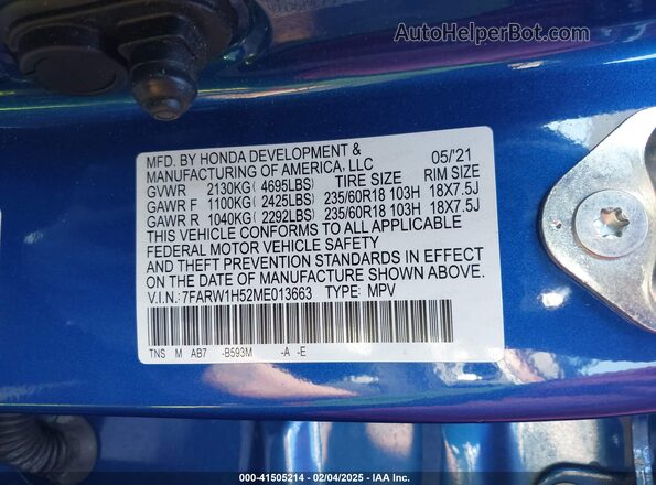 7FARW1H52ME013663 2021 HONDA CR-V Blue Engine compartment view