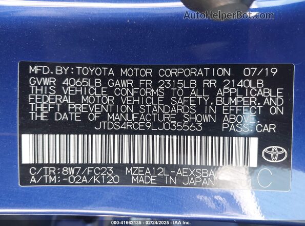 JTDS4RCE9LJ035563 2020 TOYOTA LL Blue Engine compartment view