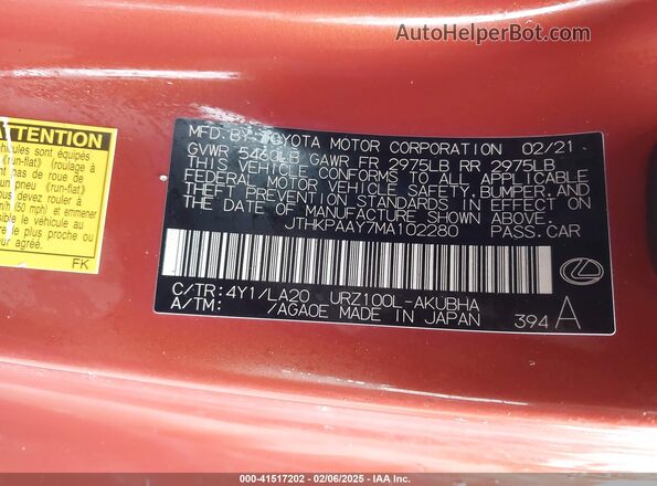 JTHKPAAY7MA102280 2021 LEXUS LC 500 Orange 