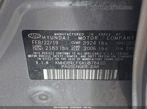 KMHD84LF6KU878430 2019 HYUNDAI ELANTRA Gray Widok komory silnika