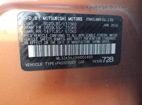 ML32A3HJ2HH001493 2017 MITSUBISHI MIRAGE Orange 