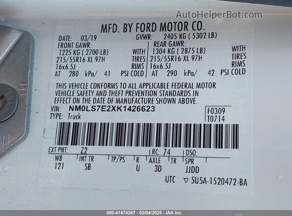 NM0LS7E2XK1426623 2019 FORD TRANSIT CONNECT White Հետևի աջ