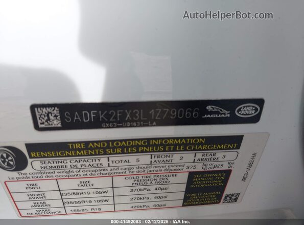 SADFK2FX3L1Z79066 2020 JAGUAR E-PACE White Вид підкапотного простору