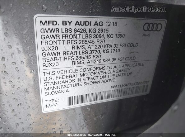 WA1LHAF75KD024767 2019 AUDI Q7 Gray Շարժիչի բաժամունքի տեսք