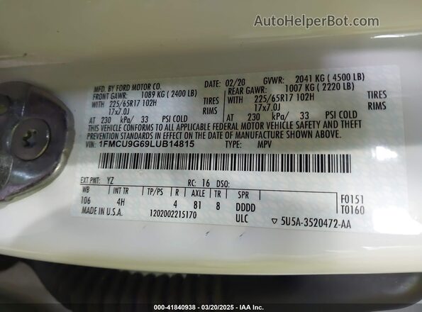 1FMCU9G69LUB14815 2020 FORD ESCAPE White ძრავის განყოფილების ხედი